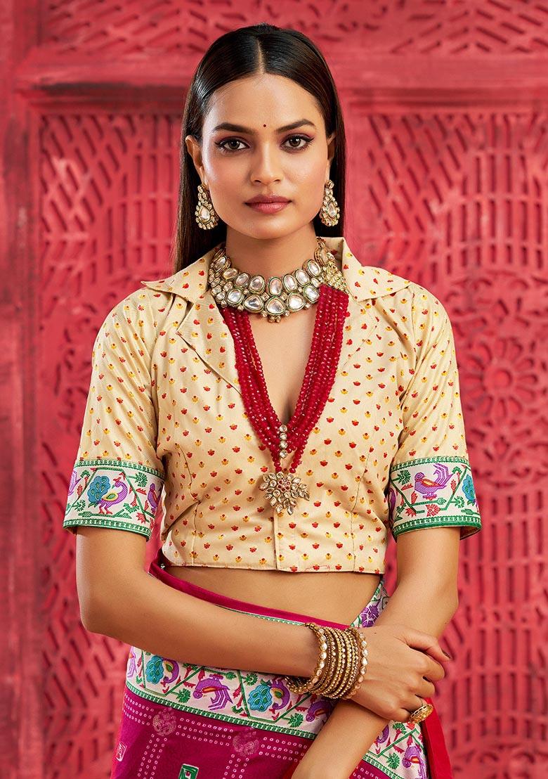 Magenta Printed Faux Tussar Silk Saree Set - Indya