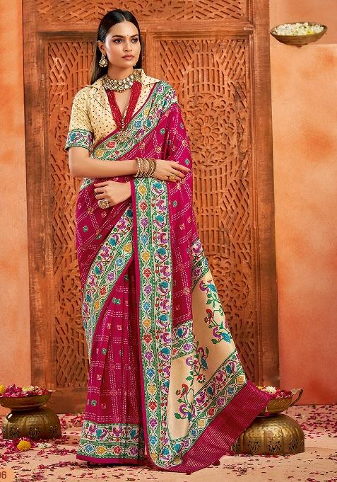 Magenta Printed Faux Tussar Silk Saree Set