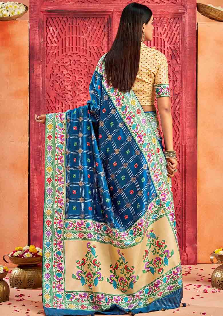 Blue Printed Faux Tussar Silk Saree Set - Indya