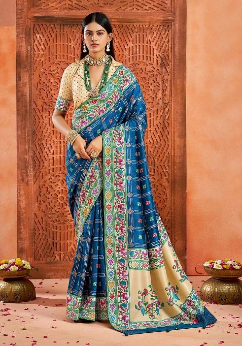 Blue Printed Faux Tussar Silk Saree Set