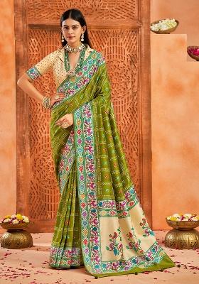Green Printed Faux Tussar Silk Saree Set