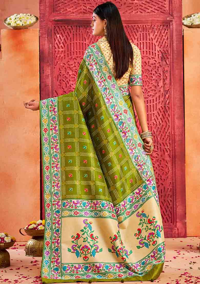 Green Printed Faux Tussar Silk Saree Set - Indya