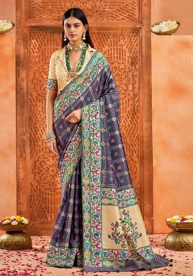 Violet Printed Faux Tussar Silk Saree Set