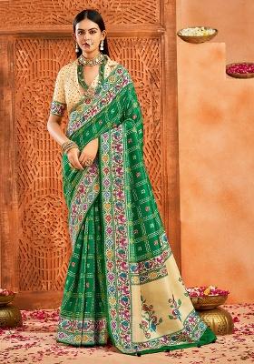 Green Printed Faux Tussar Silk Saree Set