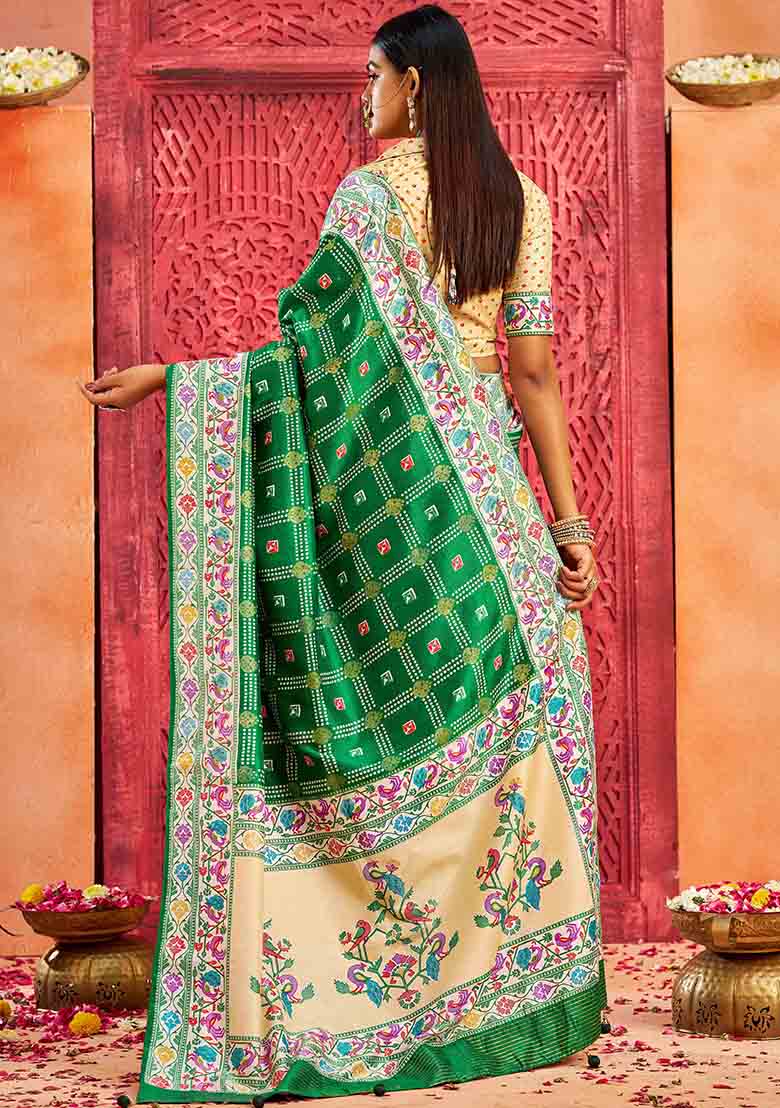 Green Printed Faux Tussar Silk Saree Set - Indya