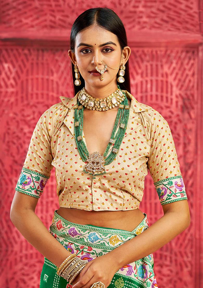 Green Printed Faux Tussar Silk Saree Set - Indya