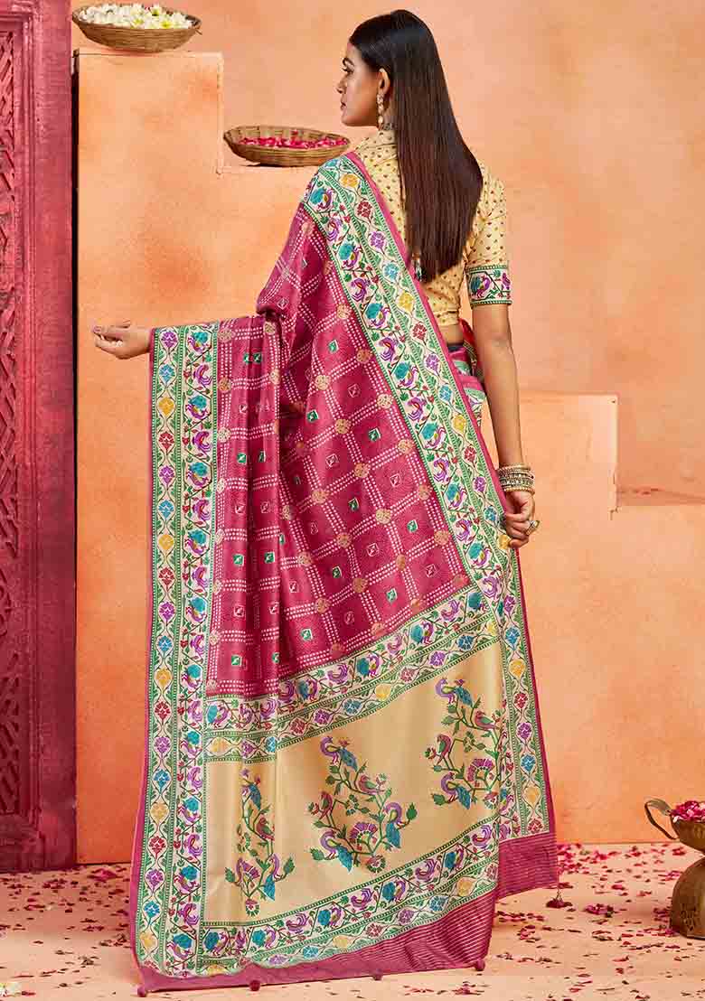 Red Printed Faux Tussar Silk Saree Set - Indya