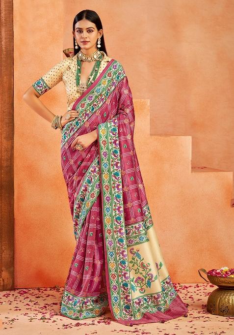 Red Printed Faux Tussar Silk Saree Set