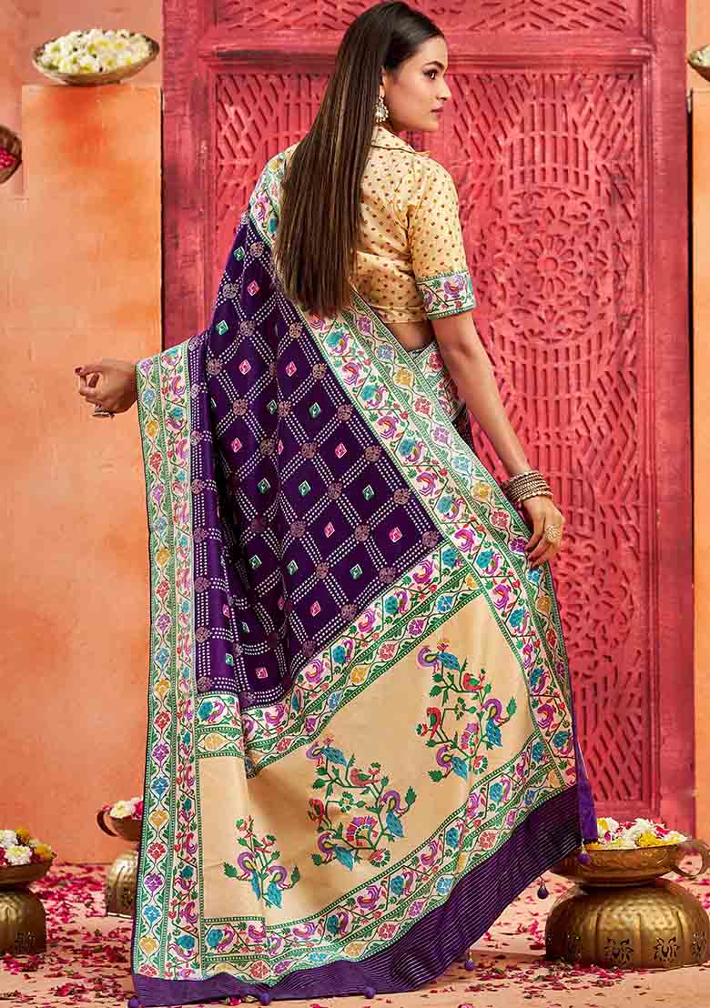 Purple Printed Faux Tussar Silk Saree Set - Indya