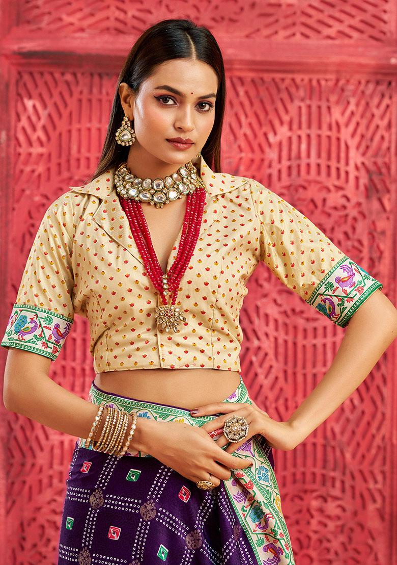 Purple Printed Faux Tussar Silk Saree Set - Indya