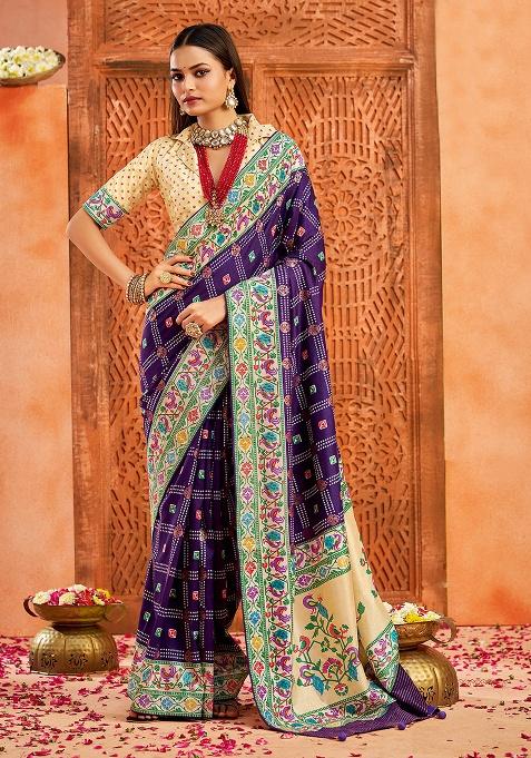 Purple Printed Faux Tussar Silk Saree Set