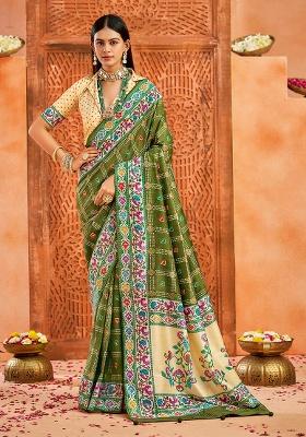 Olive Green Printed Faux Tussar Silk Saree Set