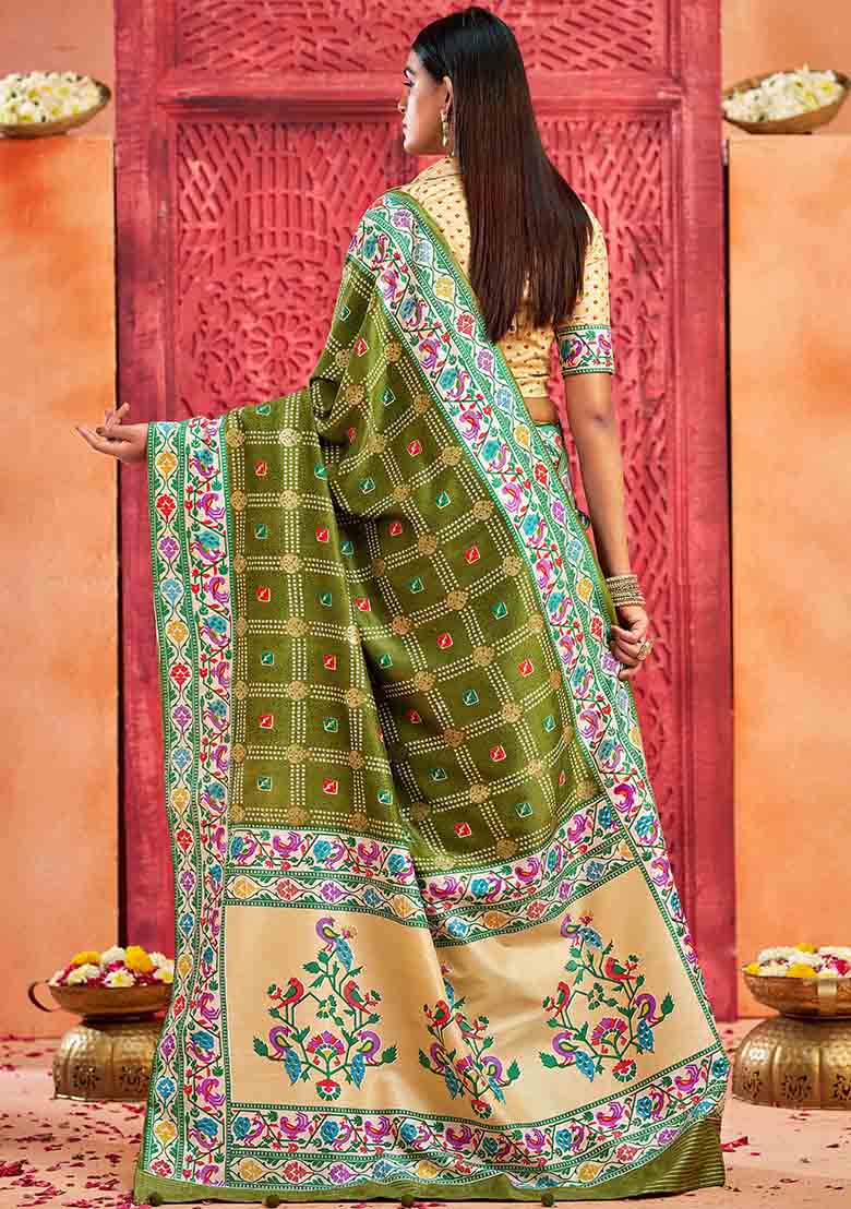 Olive Green Printed Faux Tussar Silk Saree Set - Indya