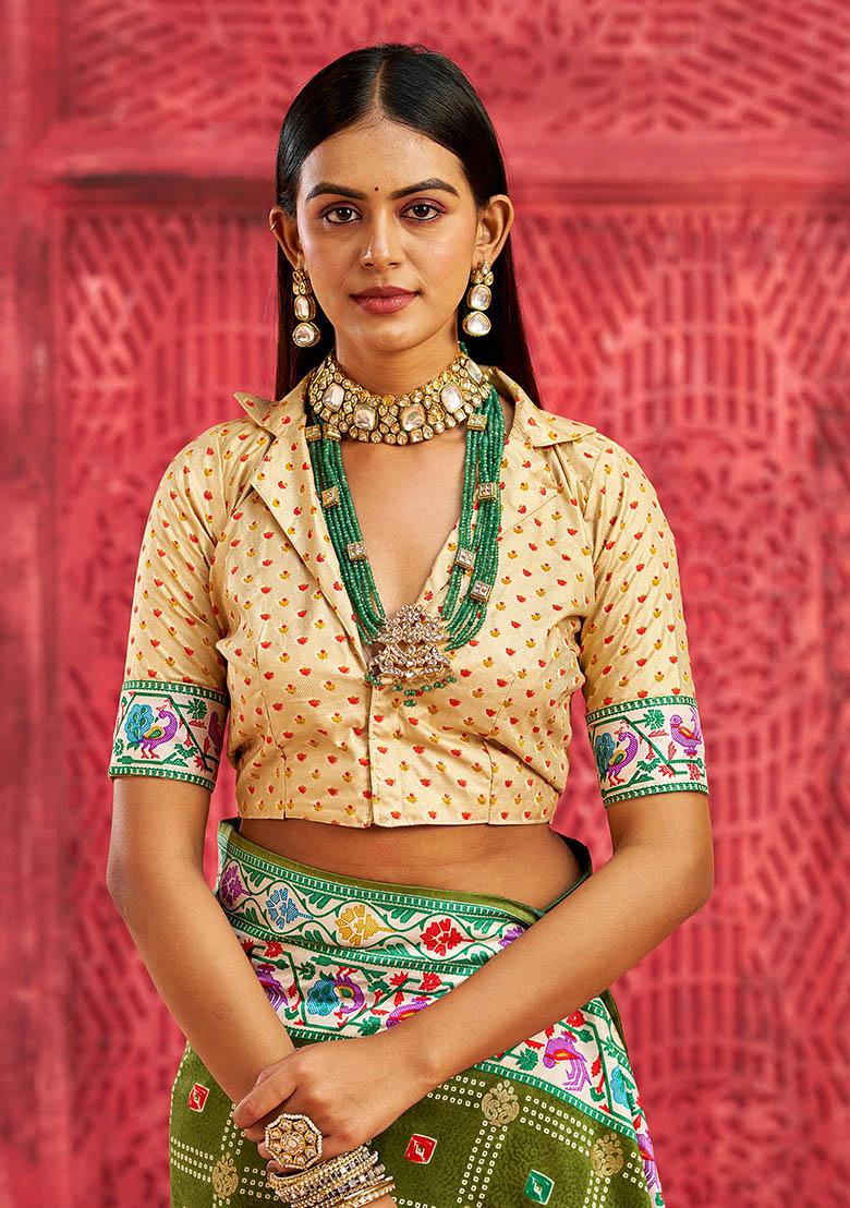 Olive Green Printed Faux Tussar Silk Saree Set - Indya