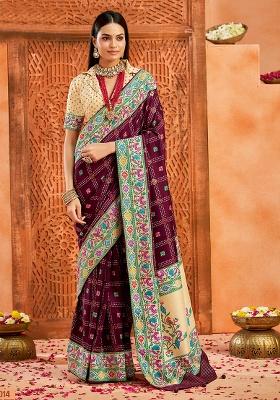 Plum Printed Faux Tussar Silk Saree Set