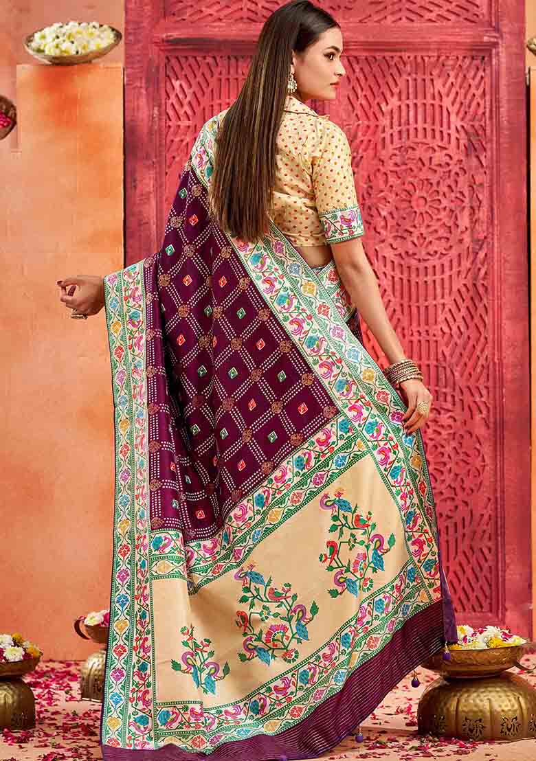 Plum Printed Faux Tussar Silk Saree Set - Indya