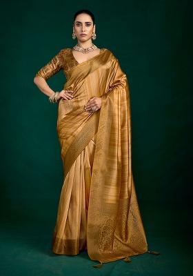 Gold Woven Faux Tussar Silk Saree Set