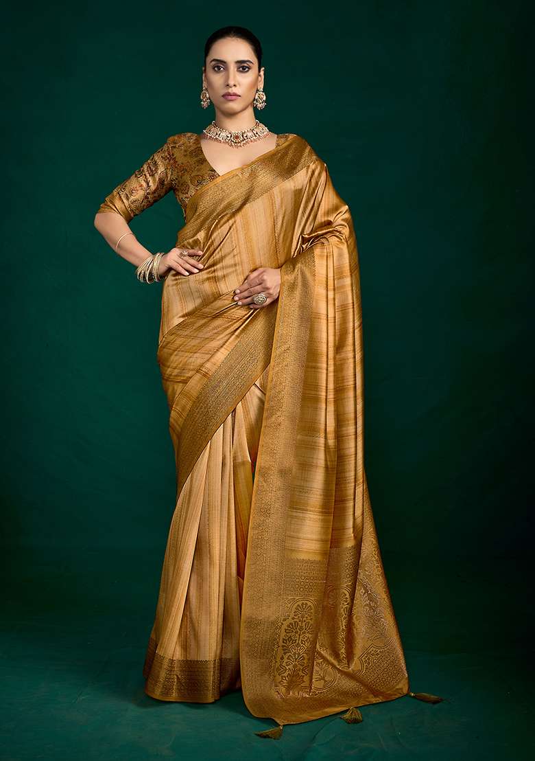 Gold Woven Faux Tussar Silk Saree Set for Diwali | Wedding & Festive Wear - Indya