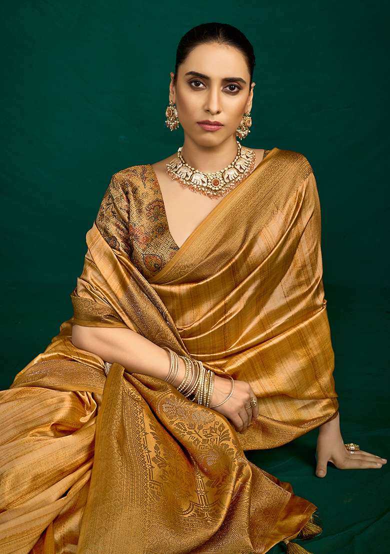 Gold Woven Faux Tussar Silk Saree Set for Diwali | Wedding & Festive Wear - Indya