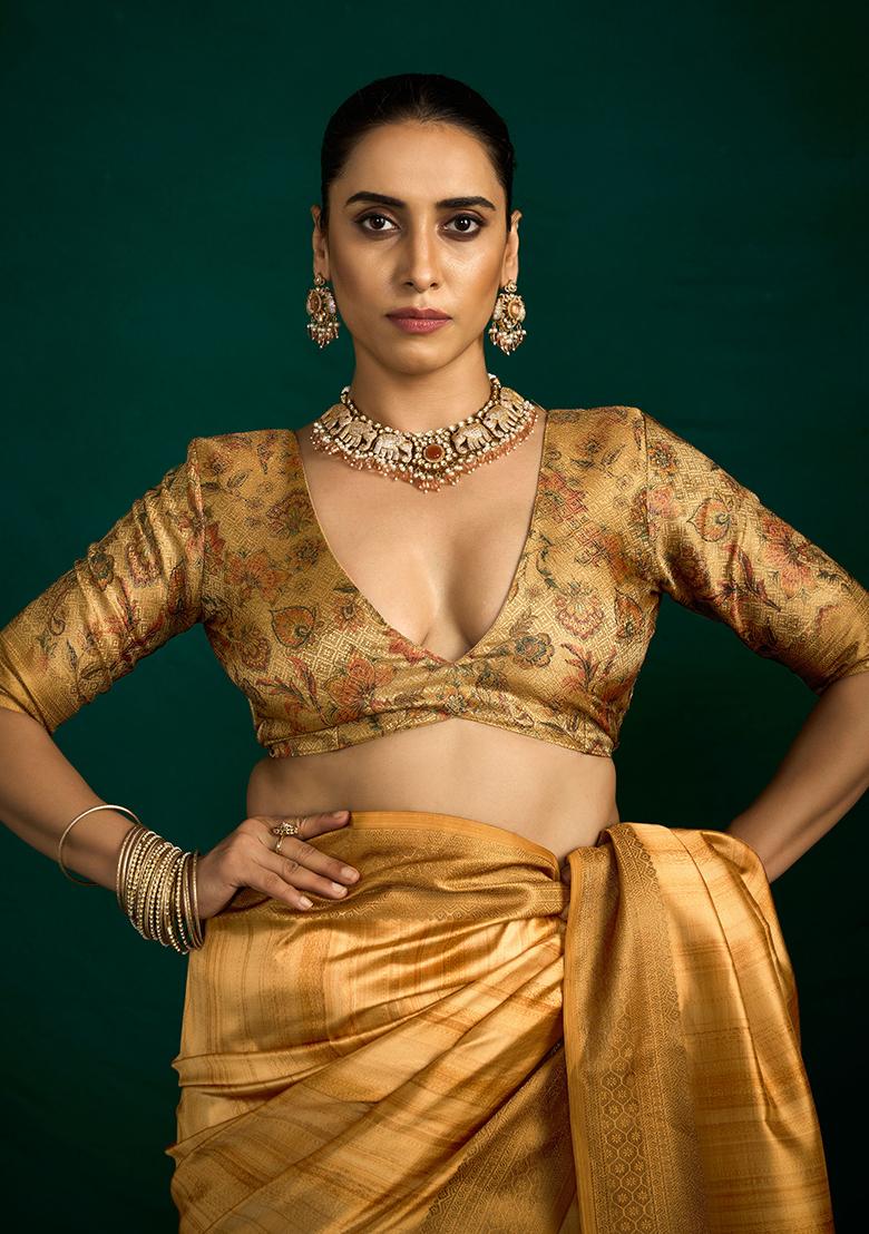 Gold Woven Faux Tussar Silk Saree Set - Indya