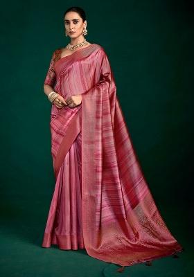 Light Pink Woven Faux Tussar Silk Saree Set