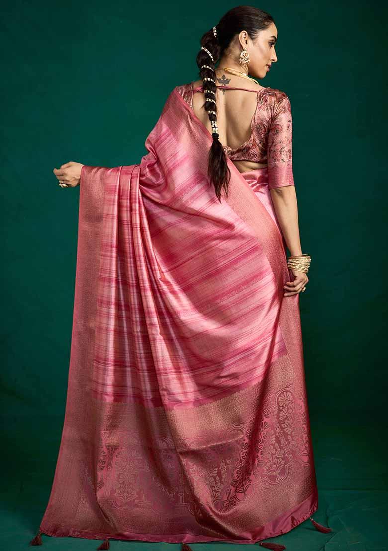 Light Pink Woven Faux Tussar Silk Saree Set - Indya