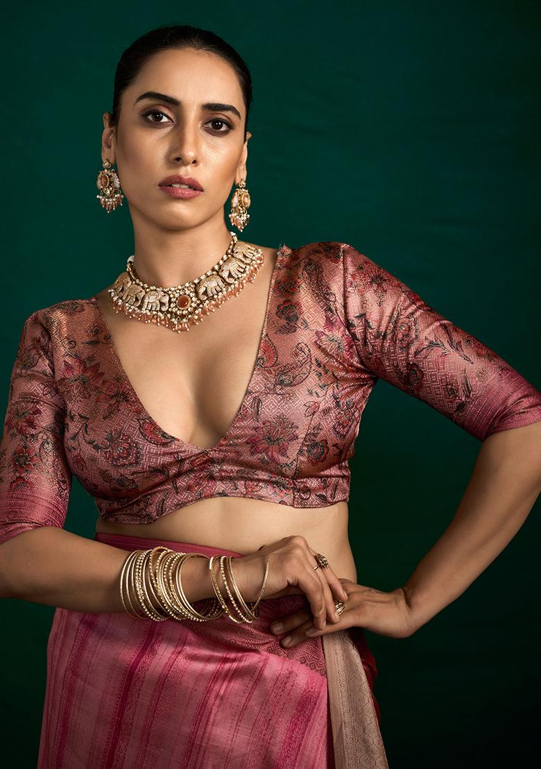 Light Pink Woven Faux Tussar Silk Saree Set - Indya