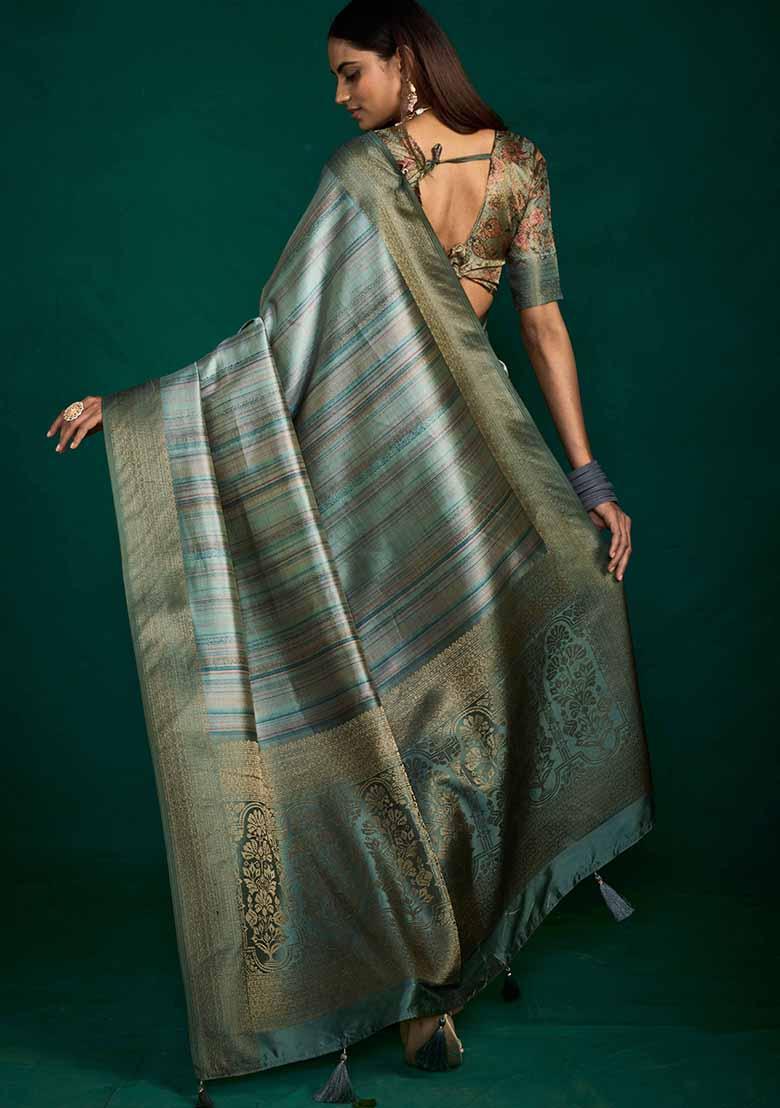 Green Woven Faux Tussar Silk Saree Set - Indya