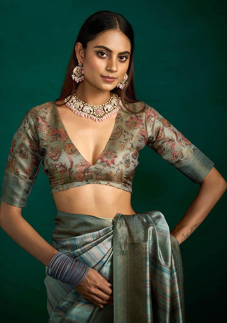 Green Woven Faux Tussar Silk Saree Set - Indya