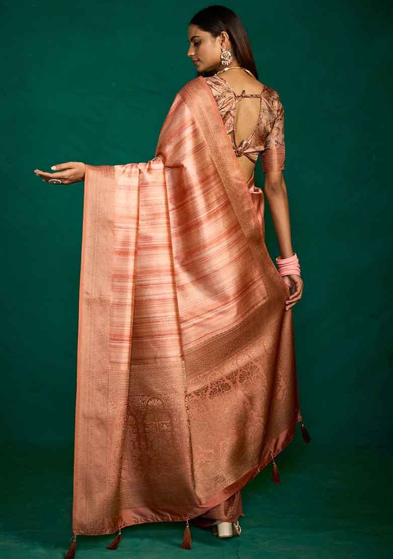 Coral Woven Faux Tussar Silk Saree Set - Indya