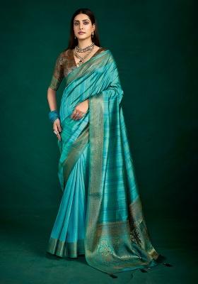 Blue Woven Faux Tussar Silk Saree Set
