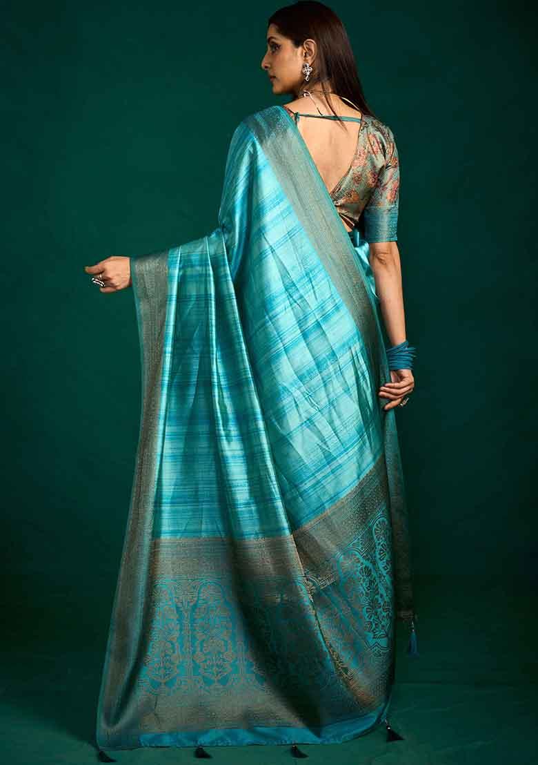 Blue Woven Faux Tussar Silk Saree Set - Indya
