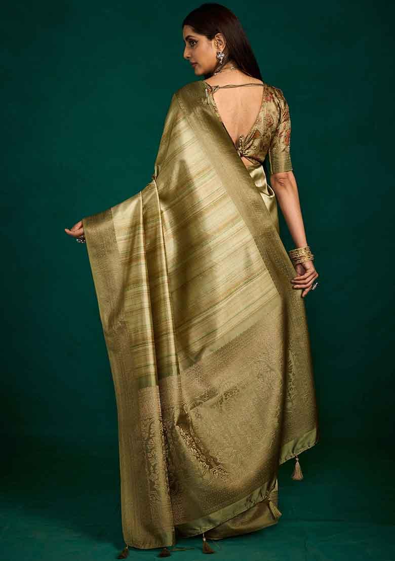 Green Woven Faux Tussar Silk Saree Set - Indya