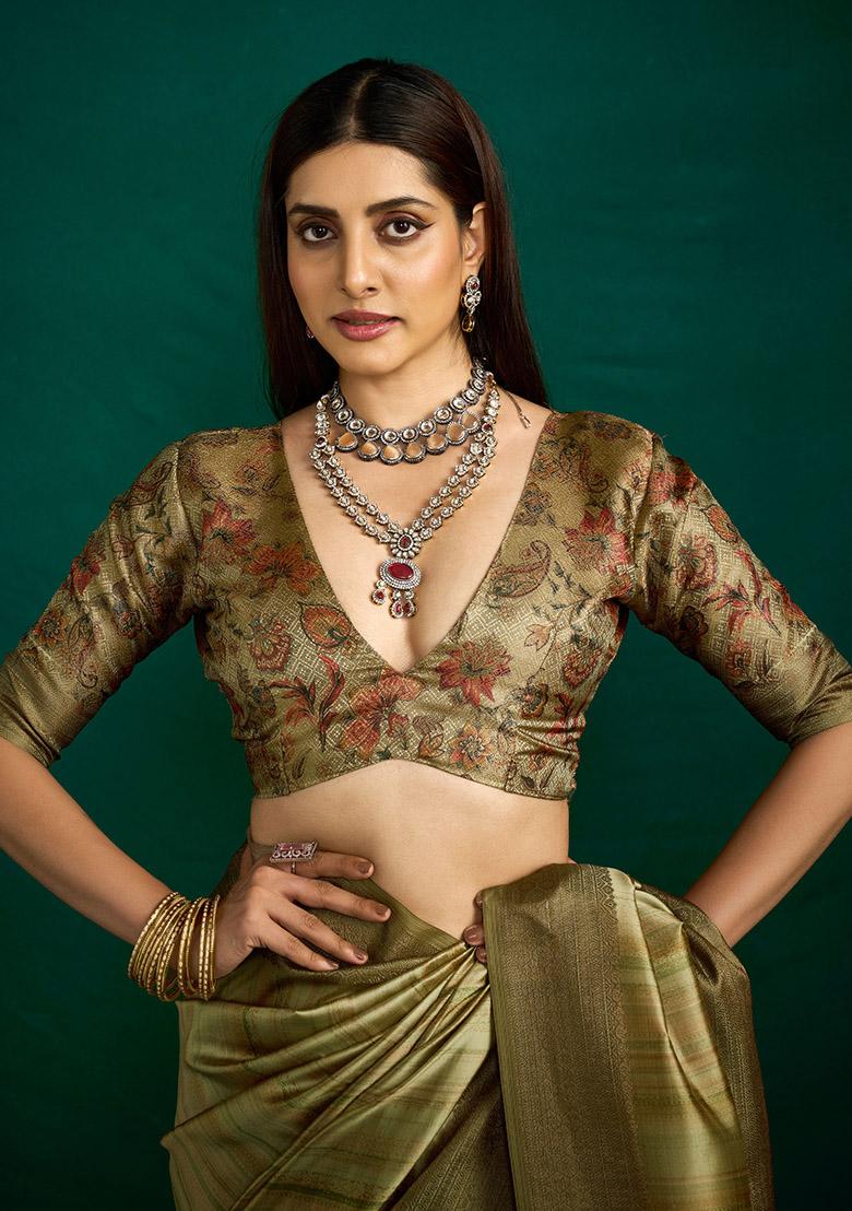 Green Woven Faux Tussar Silk Saree Set - Indya