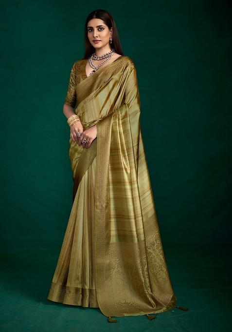 Green Woven Faux Tussar Silk Saree Set