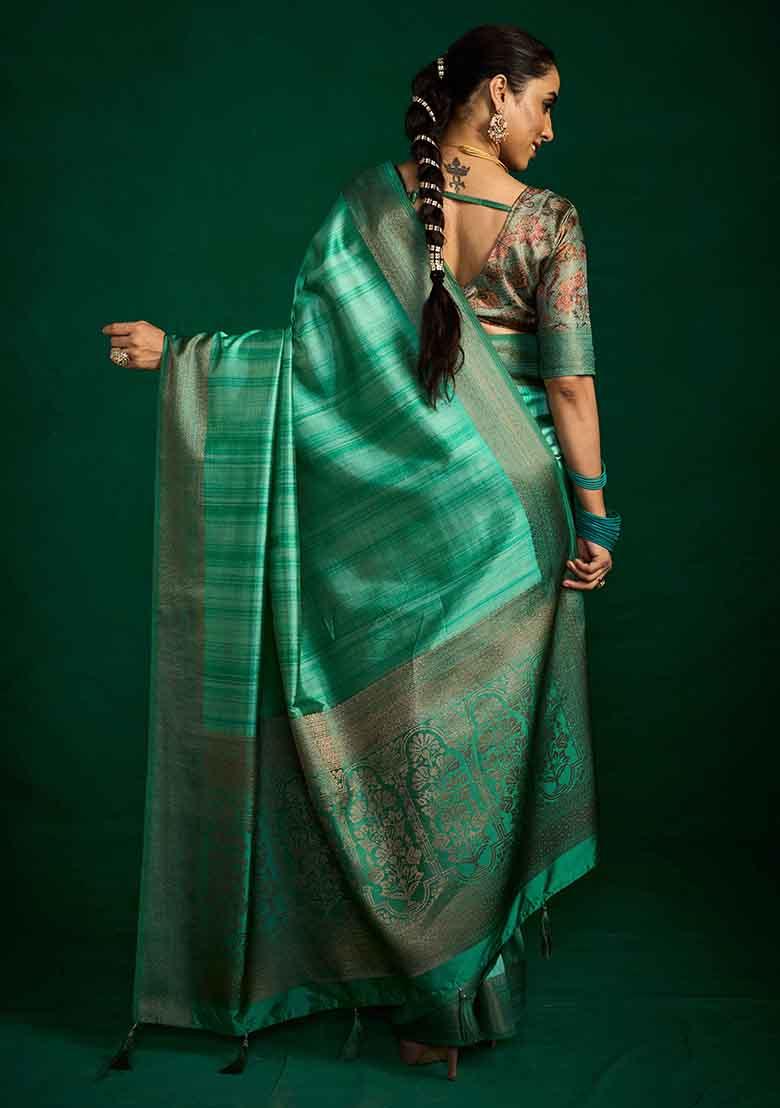 Sea Green Woven Faux Tussar Silk Saree Set - Indya