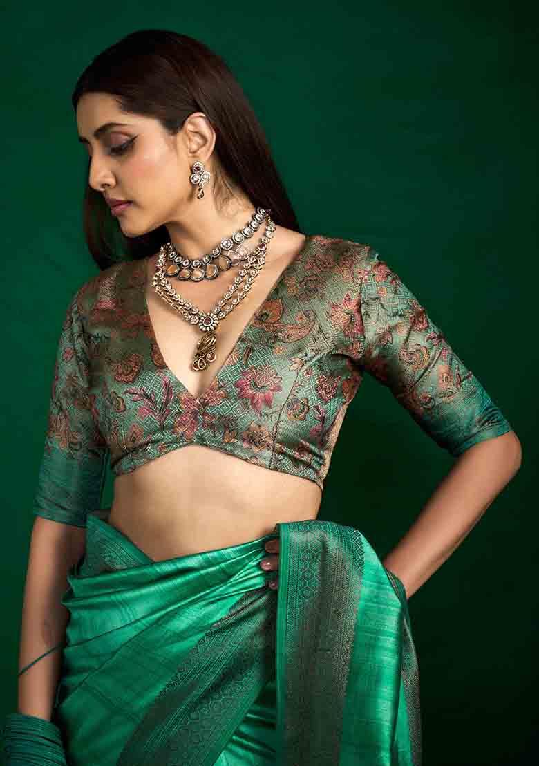 Sea Green Woven Faux Tussar Silk Saree Set - Indya