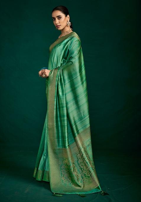 Sea Green Woven Faux Tussar Silk Saree Set