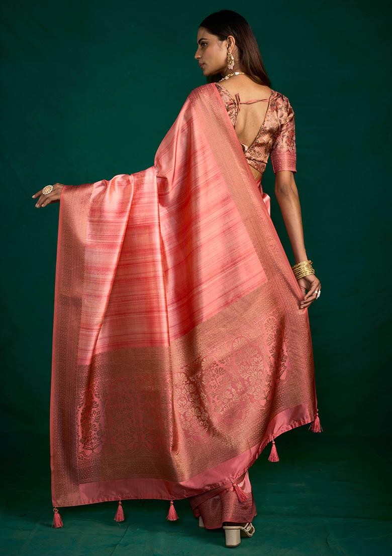 Red Woven Faux Tussar Silk Saree Set - Indya