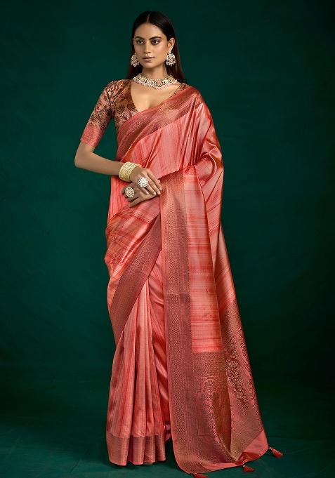 Red Woven Faux Tussar Silk Saree Set