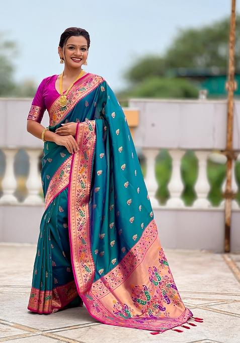 Green Woven Silk Blend Saree Set