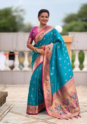 Blue Woven Silk Blend Saree Set