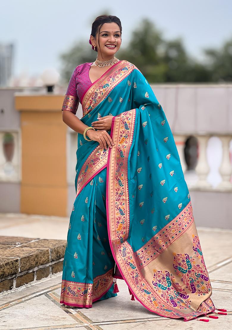 Blue Woven Silk Blend Saree Set - Indya