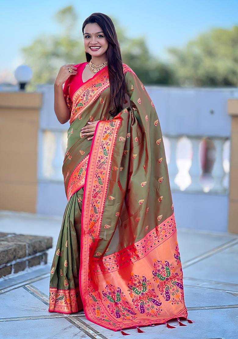 Green Woven Silk Blend Saree Set - Indya