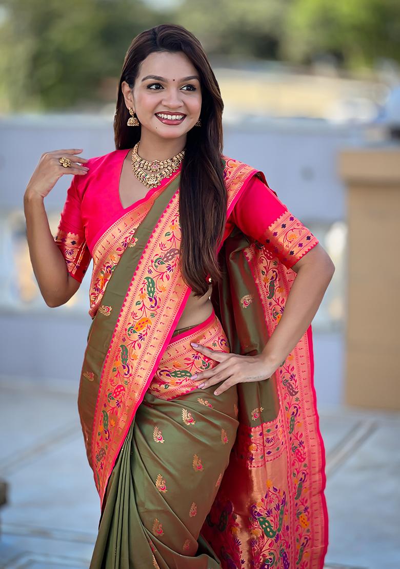 Green Woven Silk Blend Saree Set - Indya