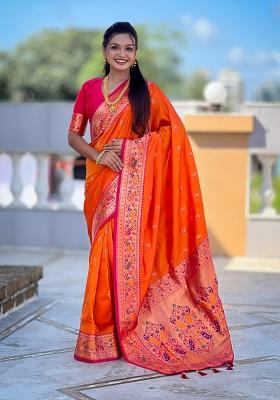 Orange Woven Silk Blend Saree Set