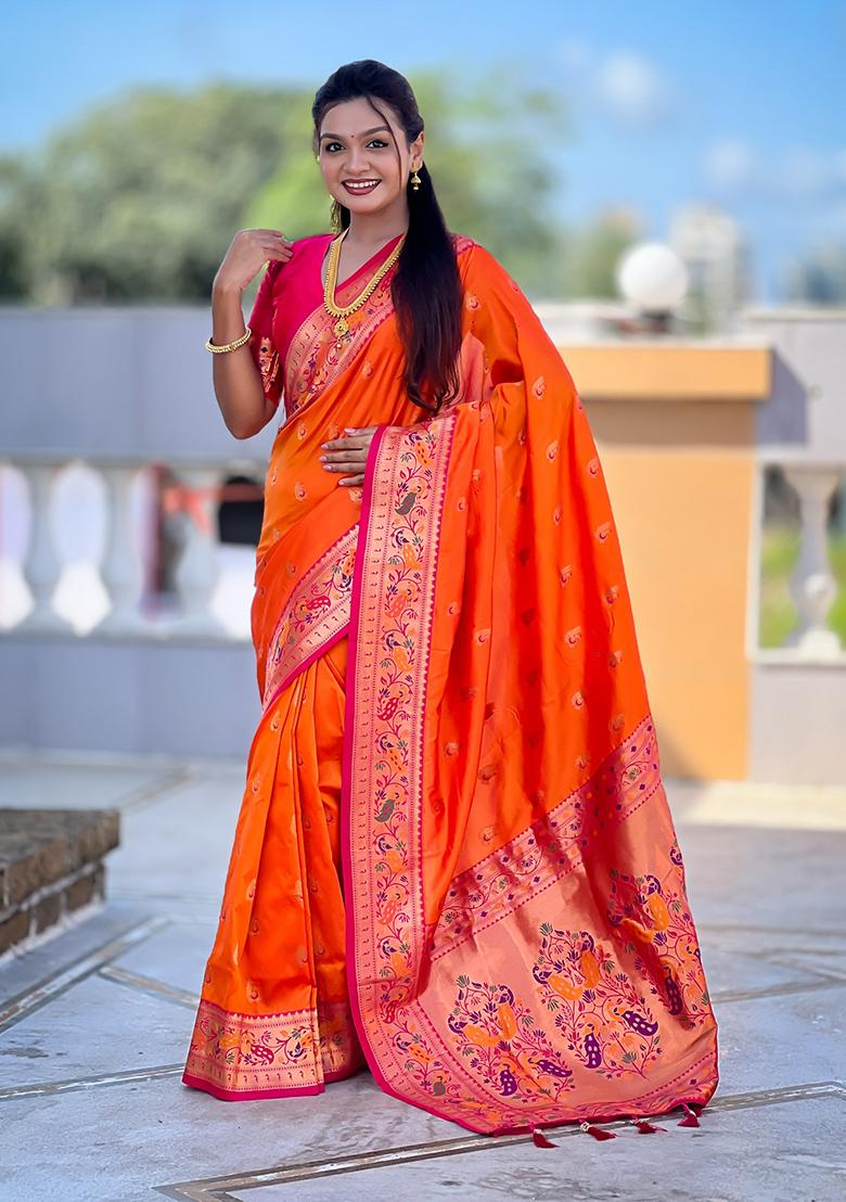 Orange Woven Silk Blend Saree Set - Indya