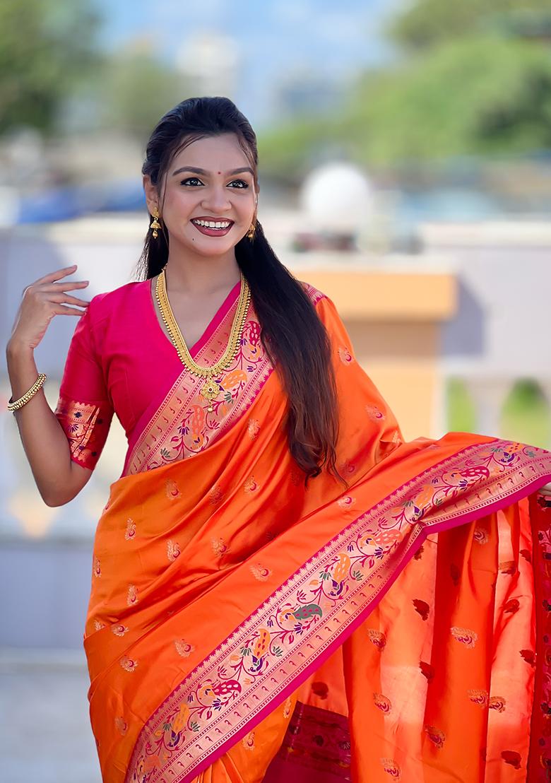 Orange Woven Silk Blend Saree Set - Indya