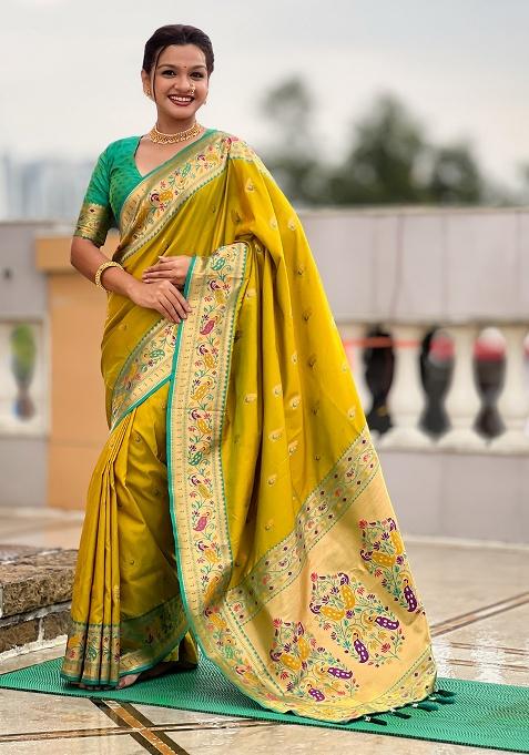 Green Woven Silk Blend Saree Set