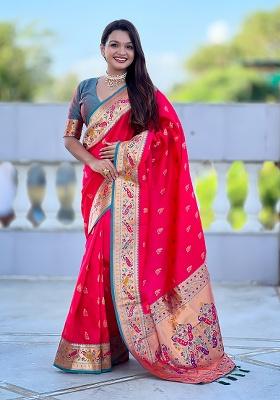 Pink Woven Silk Blend Saree Set